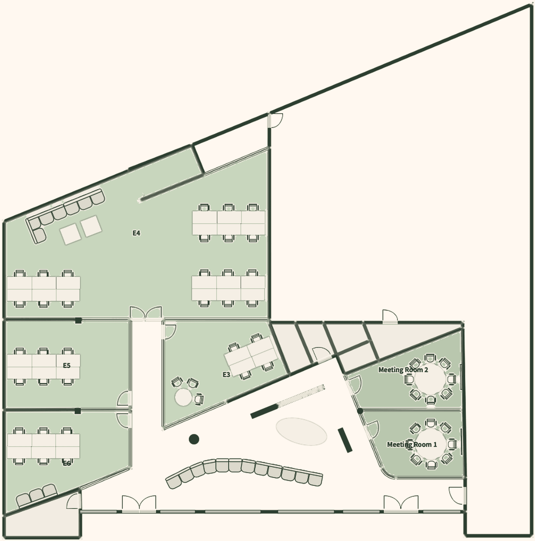 Floor plan — WorkHub Prata, Ground floor — offices E3 to E6 and meeting rooms